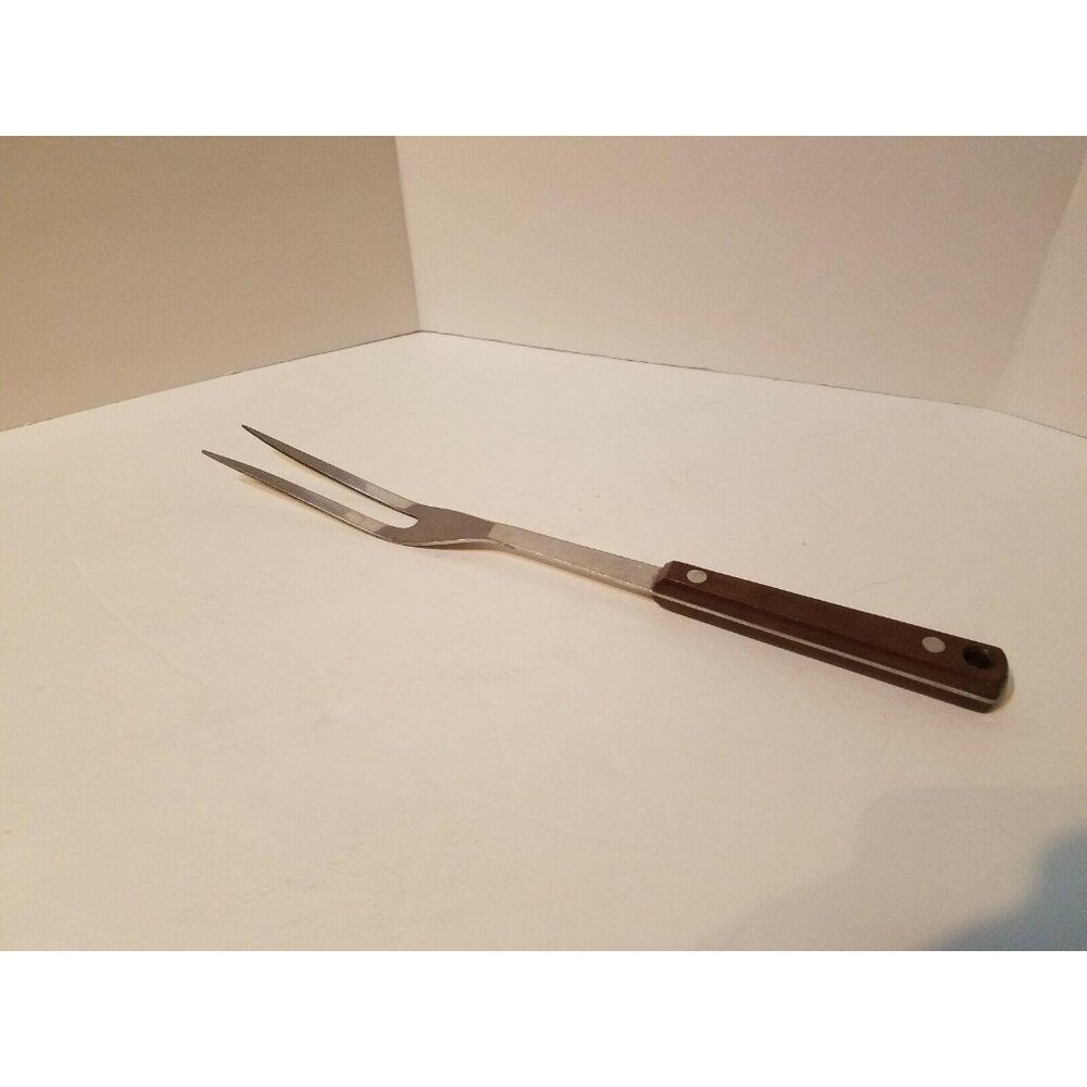 Vintage Pyramid Stainless Steel 11 3/4" Meat Fork Red Brown Handle